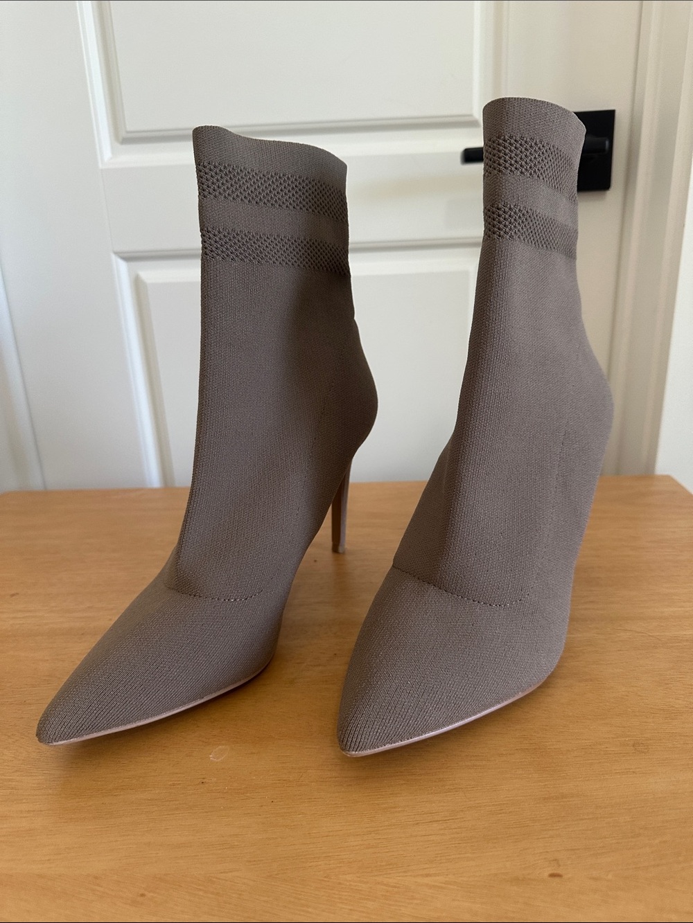 Steve Madden Taupe Knit Pointed-Stiletto Sock Booties